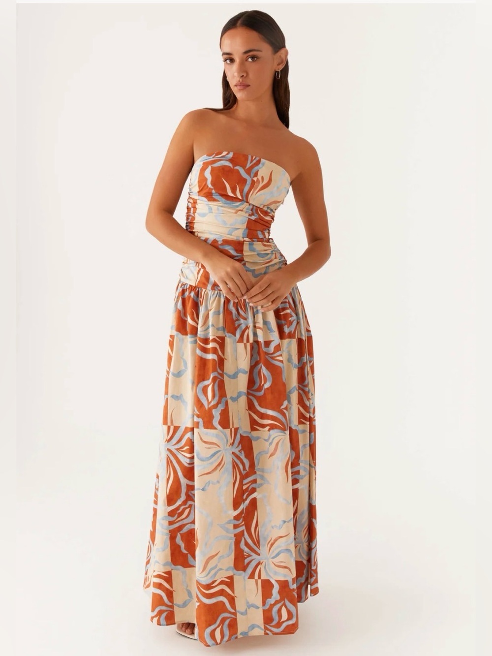 Peppermayo Strapless Maxi Dress in Rust, Cream & Light Blue
